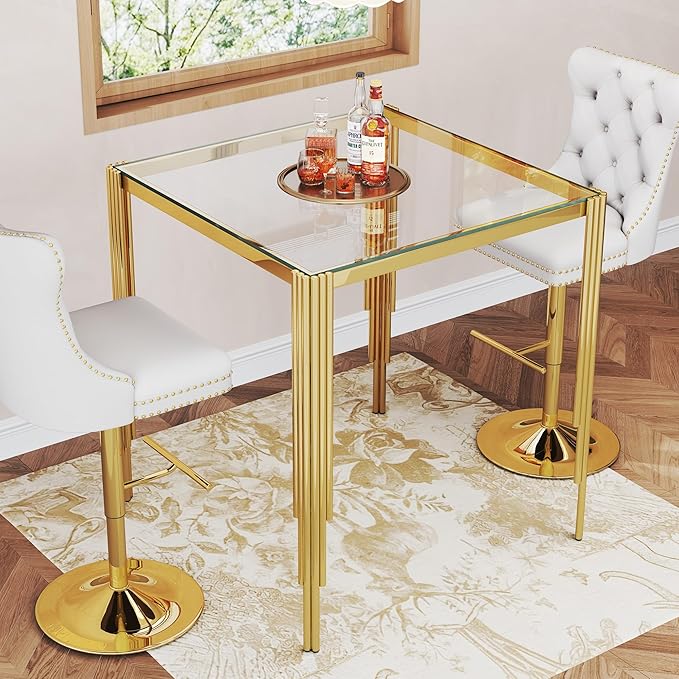 Glass Square Bar Table, 37" Modern High Pub Table with Clear Tempered Glass Top and Polished Gold Stainless Steel Legs, Counter Height Table for Kitchens, Apartments, and Small Spaces