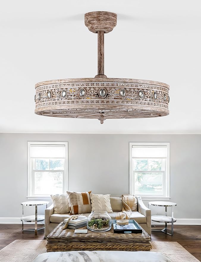 24 Inch Chandelier Ceiling Fan with Light,24" Rustic Farmhouse Caged Bladeless Fandelier,Enclosed Cottage Country Cabin Crystal Light Fixture,Hanging/Flush Mount for Bedroom,Dining Room,Living Room