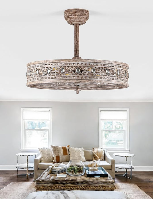 24 Inch Chandelier Ceiling Fan with Light,24" Rustic Farmhouse Caged Bladeless Fandelier,Enclosed Cottage Country Cabin Crystal Light Fixture,Hanging/Flush Mount for Bedroom,Dining Room,Living Room