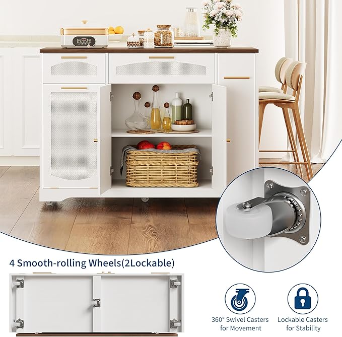 IDEALHOUSE 53.1" Rattan Kitchen Island with Storage, Rolling Dining Cart with Trash Storage Cabinet, Mobile Island Cart with Drop Leaf, Adjustable Shelves, Drawer, 5 Wheels (White)