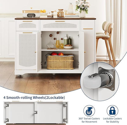 IDEALHOUSE 53.1" Rattan Kitchen Island with Storage, Rolling Dining Cart with Trash Storage Cabinet, Mobile Island Cart with Drop Leaf, Adjustable Shelves, Drawer, 5 Wheels (White)