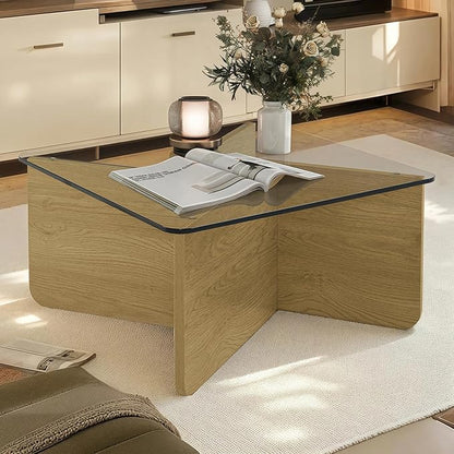 31.5" Square Glass Coffee Table, Mid-Century Modern Coffee Table with Tempered Glass Top and MDF Frame, Center Table for Small Spaces, Living Room, Office, Apartment, Wood