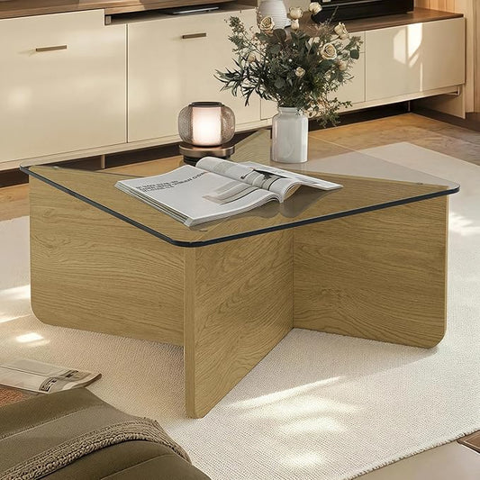 31.5" Square Glass Coffee Table, Mid-Century Modern Coffee Table with Tempered Glass Top and MDF Frame, Center Table for Small Spaces, Living Room, Office, Apartment, Wood