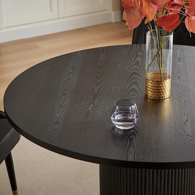 Farmhouse Round Dining Table for 6, 46.46" Luxury One-Piece Solid Wood Dining Table with Gold Stainless Steel Roman Column Pedestal Base, Mid-Century Modern Round Kitchen Table, Black