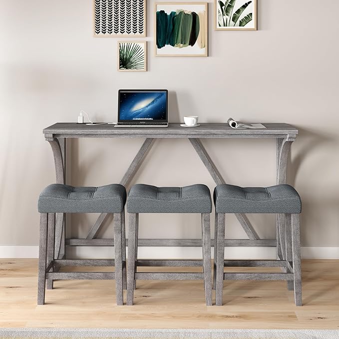 HABITRIO Bar Table and Chairs Set, 4 Piece Kitchen Table Set with Power Outlet, High Top Table with 3 Fabric stools for Small Space, Dining Room, Gray