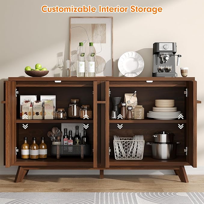 knoworld Sideboard Buffet Cabinet with Storage, 59" Modern Credenza with 4 Doors & Adjustable Shelves, Wood Console Cabinet for Living Room Kitchen Dining Room Hallway (Walnut)