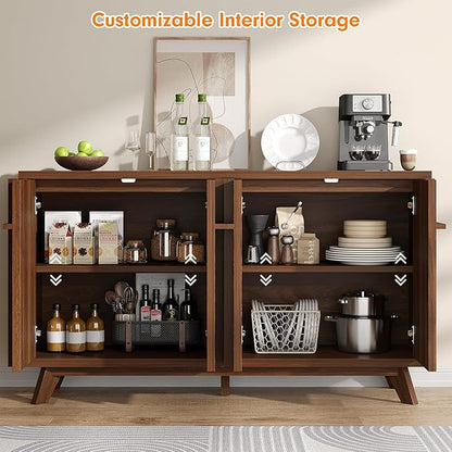 knoworld Sideboard Buffet Cabinet with Storage, 59" Modern Credenza with 4 Doors & Adjustable Shelves, Wood Console Cabinet for Living Room Kitchen Dining Room Hallway (Walnut)