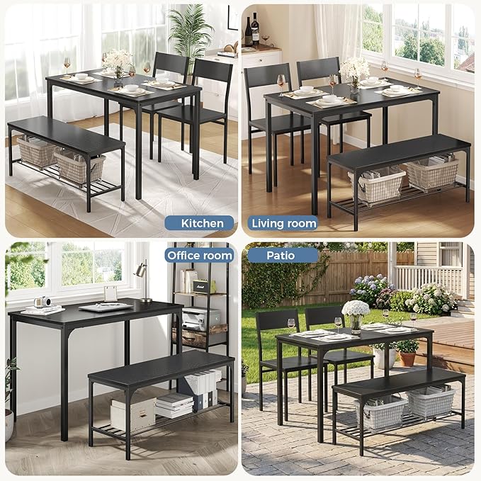 DUMOS Dining Table, Dining Table Set for 4 with Bench, Easy to Assemble Kitchen Table, Space-Saving Ideal 4-Person Set for Dining Room Kitchen Apartment Corner Dark Black 4 Pack