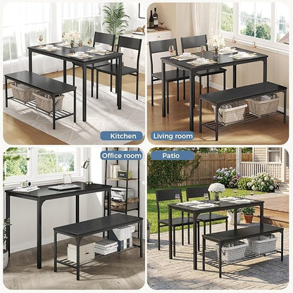 DUMOS Dining Table, Dining Table Set for 4 with Bench, Easy to Assemble Kitchen Table, Space-Saving Ideal 4-Person Set for Dining Room Kitchen Apartment Corner Dark Black 4 Pack