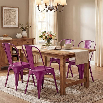 Shahoo Metal Dining Chairs Classic Iron Stackable Industrial Vintage Trattoria with Back, Indoor-Outdoor Side Settee for Home Bistro Cafe Kitchen Restaurant Set of 4, Purple