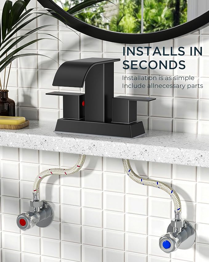 FORIOUS 4 Inch Centerset Matte Black Bathroom Faucet, 2 or 3 Hole Waterfall Square Bathroom Sink Faucet with Metal Pop-up Drain and Supply Lines, Two Handles for Vanity, Lavatory Room, Pedestal