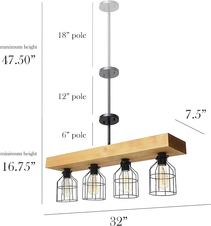 Elegant Designs CH1001-LWD 4 Light Rustic Farmhouse Industrial Wired Cage Pendant Island Light Chandelier, Light Wood