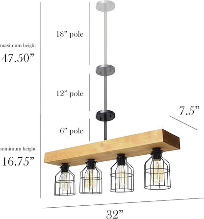 Elegant Designs CH1001-LWD 4 Light Rustic Farmhouse Industrial Wired Cage Pendant Island Light Chandelier, Light Wood