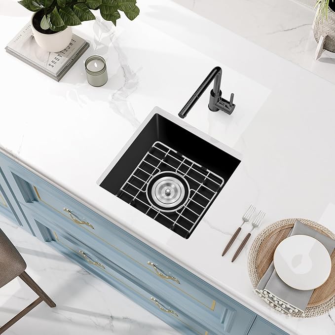 Rhbamoa Black Bar Sink Granite Composite,15''x15'' Matte Black Bar Sink Undermount,15 inch Small Single Bowl Quartz Kitchen Sinks with Accessories