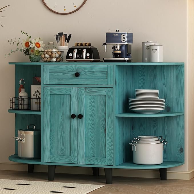Sideboard Buffet Cabinet with Power Outlet,Freestanding Kitchen Cabinet with Storage,Accent Coffee Bar with Doors,Vintage Blue