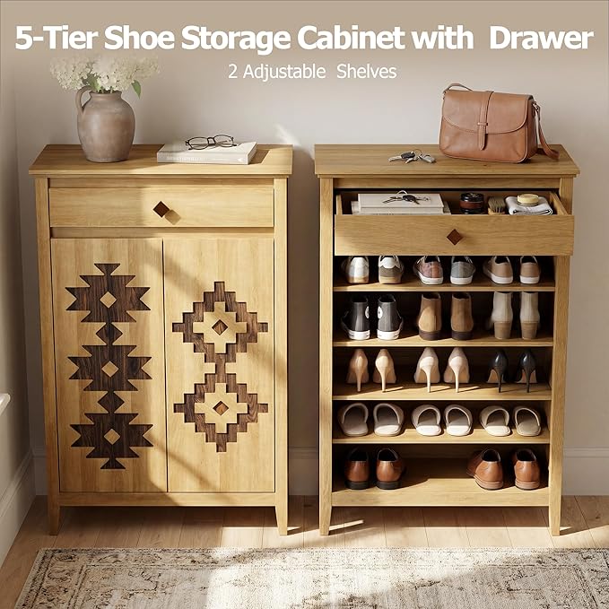 5-Tier Shoe Cabinet with Drawers, Wooden Shoe Storage Cabinet with Adjustable Shelves,Simple Tribal Style Freestanding Walnut Shoe Cabinet Suitable for Entrance,Corridor,Cloakroom,Natural
