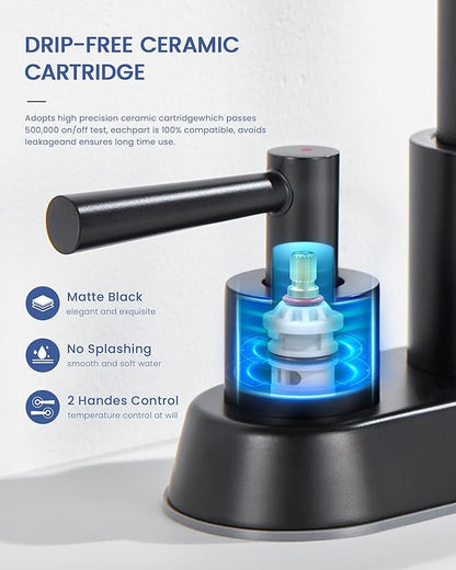 Bathroom Sink Faucet with Pull Out Sprayer 2 Handles, Matte Black Pull Down Bathroom Faucet 3 Holes, 4 Inch Black Faucet Bathroom, 360 Degree Swivel Spout, Pop Up Drain Assembly Included