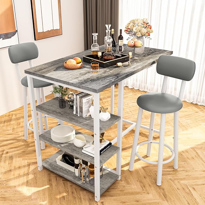 Kitchen Dining Table Set for 2, Bar Table and Chairs Set with 3 Storage Shelves, Tall Dining with 2 PU Leather Backrest Stools for Small Space, Kitchen Island, Apartment, Grey
