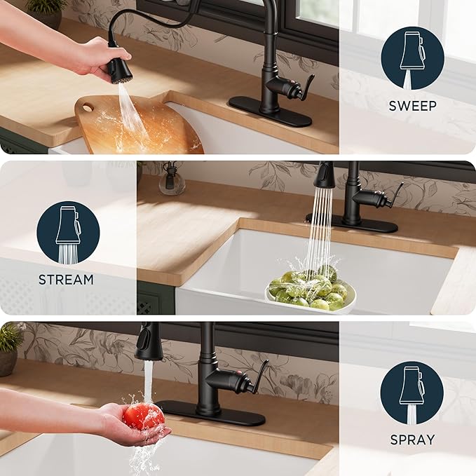 FORIOUS Antique Black Kitchen Faucets with Pull Down Sprayer, 3 in 1 Stainless Steel High Arc Single Handle Sink Faucet for Farmhouse Camper Rv Bar, Fit for 1 or 3 Hole