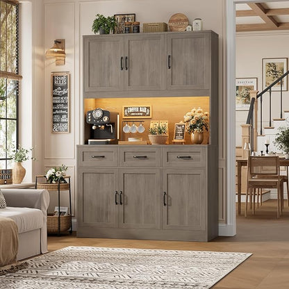 HOSTACK 72" Tall Kitchen Pantry Cabinet with Charing Station | LED Lights, 47" W Kitchen Pantry Storage Cabinet with Countertop, Modern Kitchens Hutch Cabinets with Storage for Dining Room, Ash Gray