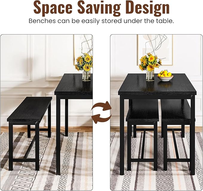 Lamerge Kitchen Table Set with 2 Benches 4 Person Dining Room Table Set for Home Kitchen, Dining Room, Restaurant, Space Saving, Black, 43.3''L x23.6''W x28.5''H (43B)