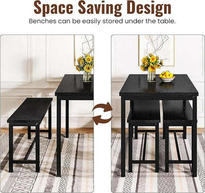 Lamerge Kitchen Table Set with 2 Benches 4 Person Dining Room Table Set for Home Kitchen, Dining Room, Restaurant, Space Saving, Black, 43.3''L x23.6''W x28.5''H (43B)