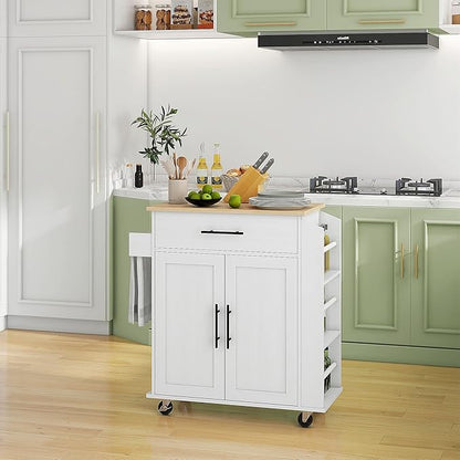 GOWE Kitchen Island with Storage, Rolling Kitchen Cart with AC Outlets and USB Ports, Microwave Stand with Towel and Spice Rack, White