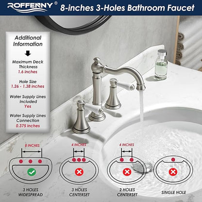 Porcelain 2-Handle Bathroom Faucets Brushed Nickel 8 inch Widespread with Plastic Pop-Up Drain & 2Pcs Water Supply Lines, Classical Vanity Sink Faucet for 3 Holes, 360° Swivel Brass Spout