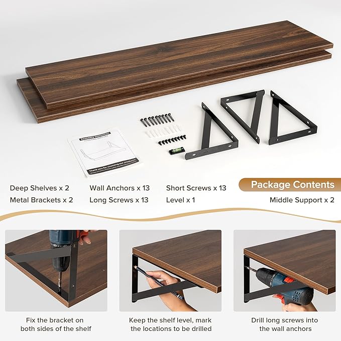 Acovy Deep Floating Shelves Wall Mounted, 48"x12" Walnut Wall Shelves with Brackets Set of 2 for Bedroom, Living Room, Bathroom, Kitchen, Office - Storage & Display Shelf for Decor, Books, Plants