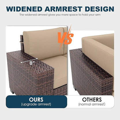 7 Piece Patio Furniture Set with Fire Pit Table, Outdoor Conversation Sets Wicker Rattan Sectional Sofa with Coffee Table for Patio Garden Backyard, 4'' Thickened Cushion Beige