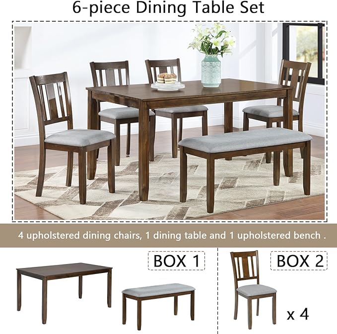 6-Piece Wooden Dining Table Set with 4 Upholstered Chairs and 1 Bench, Rectangular Kitchen Table Set for 7 People, Modern Dining Room Table for Kitchen and Dining, Walnut