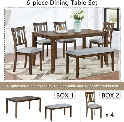 6-Piece Wooden Dining Table Set with 4 Upholstered Chairs and 1 Bench, Rectangular Kitchen Table Set for 7 People, Modern Dining Room Table for Kitchen and Dining, Walnut