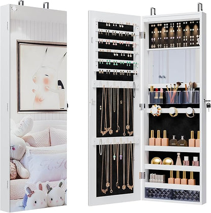 Unisakey Mirror Jewelry Cabinet,Lockable Wall or Door Mounted Jewelry Armoire Organizer With Built-up Mirror,LED Lights, Drawers,Cosmetic Trays,Shelves, 14.4"x3.15"x 43.1"（White）