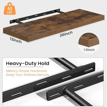 36 Inch Floating Shelves for Wall, 12 Inch Deep Shelves for Bedroom, Kitchen, Bathroom Wall Mounted, Rustic Wood Floating Shelf with Invisible Brackets for Books, Storage, Decor, Brown, 2 Pack