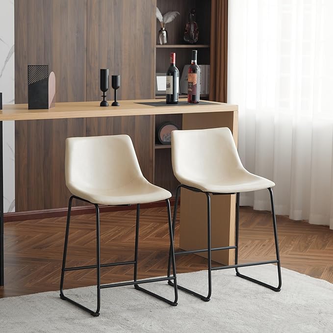 Harper & Bright Designs Vintage Style 24-Inch Armless Industrial Faux Leather Counter Stool with Metal Legs and Footrest for Kitchen Island, Cafe, Pub, Bar Counter, Cream and Black(Set of 2)