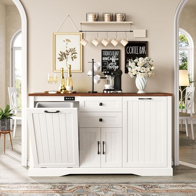 Vabches Farmhouse Buffet Cabinet with Tilt Out Trash Can, 55" Coffee Bar Cabinet&Sideboard with Storage and Drawers
