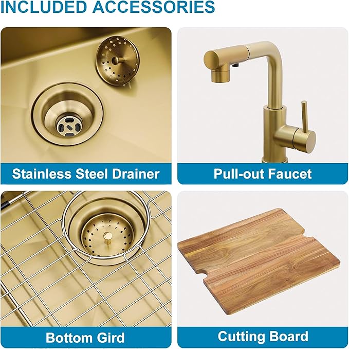 Gold Bar Sink Drop In Outdoor Kitchen Sink 21 Inch Workstation 16 Gauge Stainless Steel Single Bowl Outdoor Bar RV Sinks with Pull-out Faucet 21"x20"x9"
