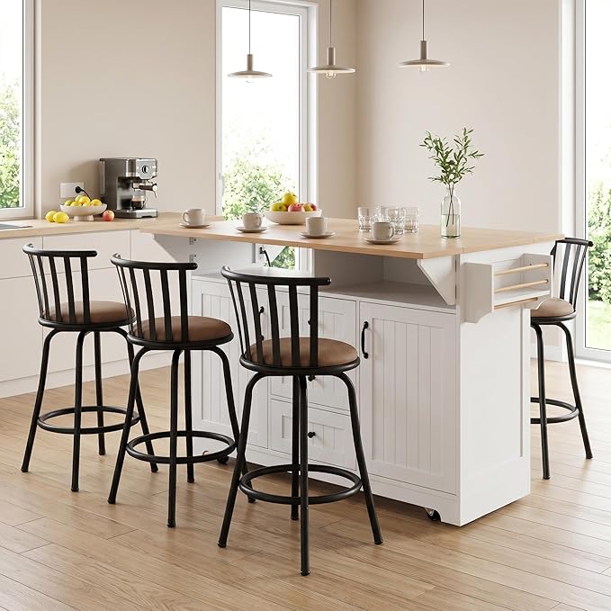 Homy Casa 5 Piece Kitchen Island Set with 4 Swivel Bar Stools, Rolling Kitchen Cart with Drop Leaf, Power Outlet, Drawers and Storage Cabinet, Breakfast Bar Table Set for Dining Room (Teal Blue)