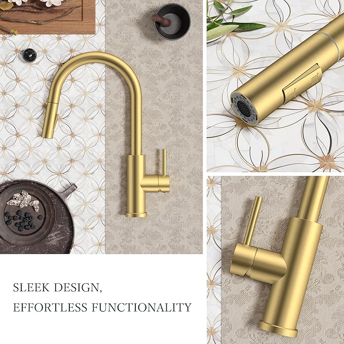 FORIOUS Kitchen Faucets with Pull Down Sprayer, Gold Classic Single Handle Stainless Steel High Arc Faucet for Kitchen Sink, 1Hole with Deck Plate, Sink Faucet for Bar RV Farmhouse Outdoor Laundry