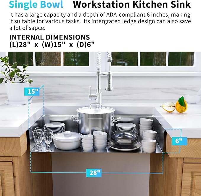 Undermount Kitchen Sink, 16 Gauge T-304S Stainless Steel Workstation Sinks with Accessories, 30" x 18" x 6" ADA-Compliant Large Kitchen Sink, 6 Inch Deep for ADA Sink,and RV kitchen SInk