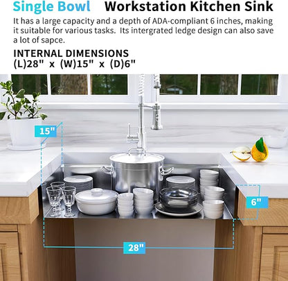Undermount Kitchen Sink, 16 Gauge T-304S Stainless Steel Workstation Sinks with Accessories, 30" x 18" x 6" ADA-Compliant Large Kitchen Sink, 6 Inch Deep for ADA Sink,and RV kitchen SInk
