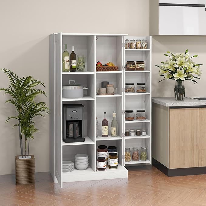 HOMCOM 63" Kitchen Pantry, Freestanding Food Cabinet with 2 Doors and Adjustable Shelves, Storage Cabinet - White