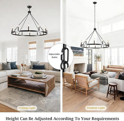 Wagon Wheel Chandelier 12 Light 38" Large Black Farmhouse Chandelier for Dining Room Rustic Country Pendant Light Fixtures Hanging Modern Round Chandeliers for Living Room High Ceilings Entryway Foyer
