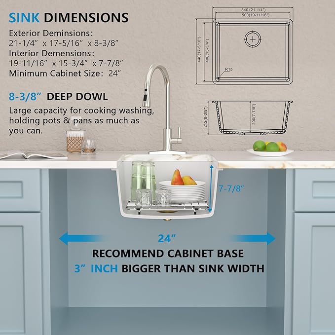 21"x17" Undermount Bar Prep Sink – White Granite Composite Quartz Classic Under Counter Single Bowl Sink Basin for Wet Bar, RV, Small Kitchen
