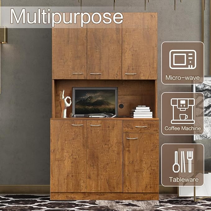 DMAITH 71" Kitchen Pantry Cabinets with Microwave Stand, 6 Doors & 3 Adjustable Shelves, Freestanding China Cabinet Hutch, Buffet Cabinet with Storage, Walnut