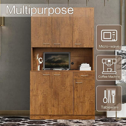 DMAITH 71" Kitchen Pantry Cabinets with Microwave Stand, 6 Doors & 3 Adjustable Shelves, Freestanding China Cabinet Hutch, Buffet Cabinet with Storage, Walnut