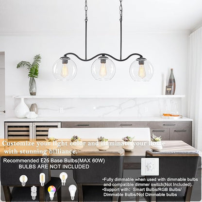 Farmhouse Linear 3-Light Black Chandelier with Wavy Arms, Kitchen Island Pendant Light Fixture with Clear Glass Globe Shades, Ceiling Hanging Lighting for Dining Room Table, Bar