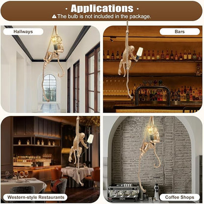 Creative Monkey Hanging Lamp, Monkey Shape Decoration Chandelier, Industrial Retro Edison Ceiling Pendant Light Fixture E26 for Dining Living Room Bedroom Bar Cafe-Gold