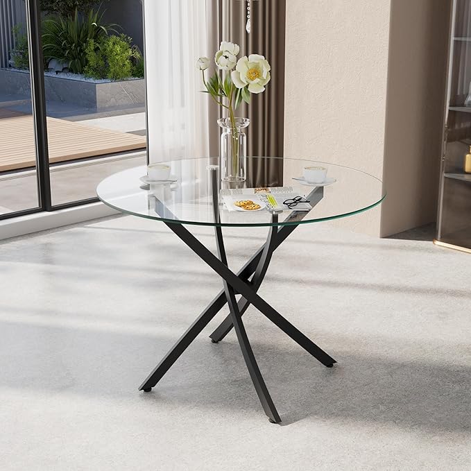 36-Inch Round Tempered Glass Dining Table for 2-4 Person Space-Saving Small Kitchen Table with Heavy-Duty Black Metal Legs Perfect for Breakfast Nook, Studio Apartment & Bistro Setting
