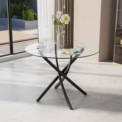 36-Inch Round Tempered Glass Dining Table for 2-4 Person Space-Saving Small Kitchen Table with Heavy-Duty Black Metal Legs Perfect for Breakfast Nook, Studio Apartment & Bistro Setting